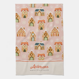 Christmas Gingerbread House Cookie Pink Tea Towel