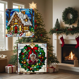 Christmas Gingerbread House Faux Stained Glass Ceramic Ornament