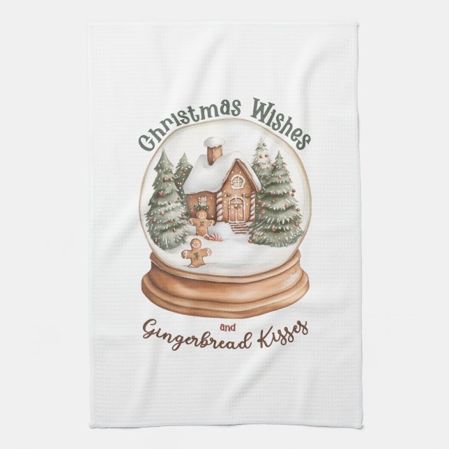 Christmas Gingerbread House Holiday Snow Globe Tea Towel (Vertical)