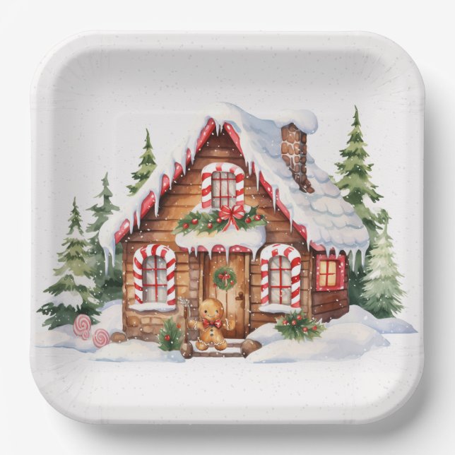 Christmas Gingerbread House In Snow Paper Plate (Front)