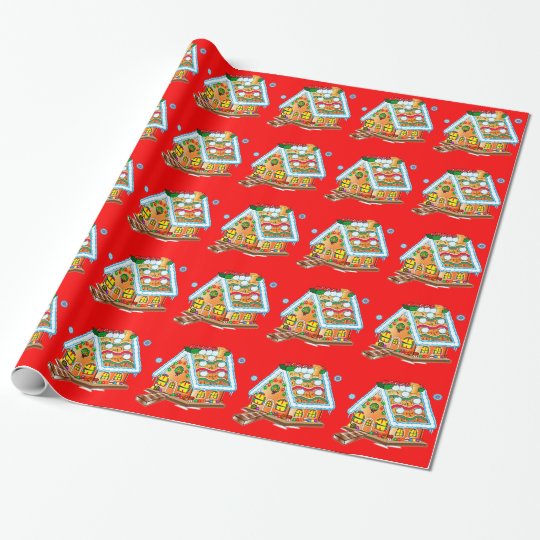 Christmas Gingerbread House on Red Wrapping Paper