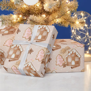 Christmas Gingerbread House Pink Cookies Brown  Wrapping Paper