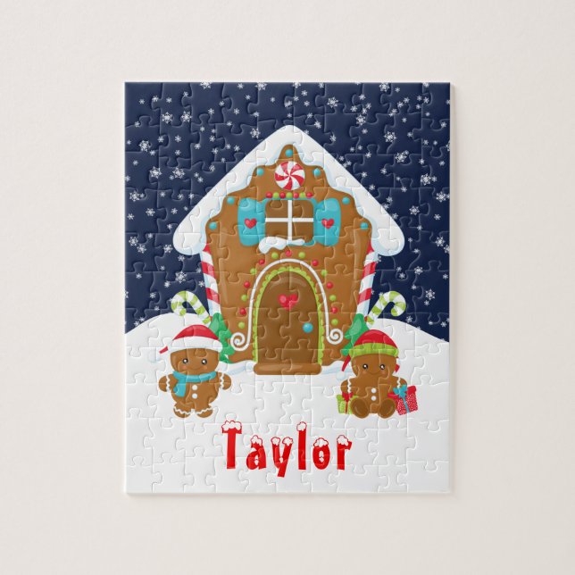 Christmas Gingerbread House Red and Navy Blue Jigsaw Puzzle (Vertical)