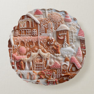 Christmas Gingerbread House Round Cushion