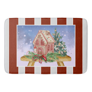 Christmas Gingerbread House Watercolor Bath Mat