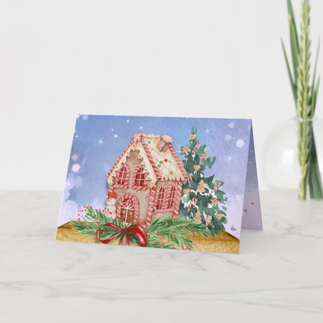 Christmas Gingerbread House Watercolor Greeting Card (Front)