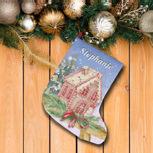 Christmas Gingerbread House Watercolor Large Christmas Stocking