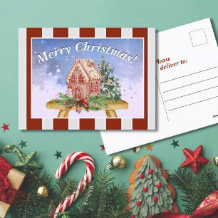 Christmas Gingerbread House Watercolor Postcard