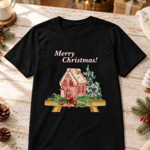 Christmas Gingerbread House Watercolor Vivid Print T-Shirt
