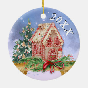 Christmas Gingerbread House Watercolor Year Ceramic Tree Decoration