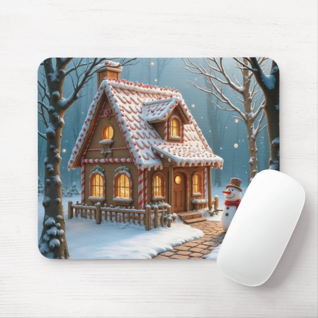 Christmas Gingerbread House With a Snowman  Mouse Mat (With Mouse)