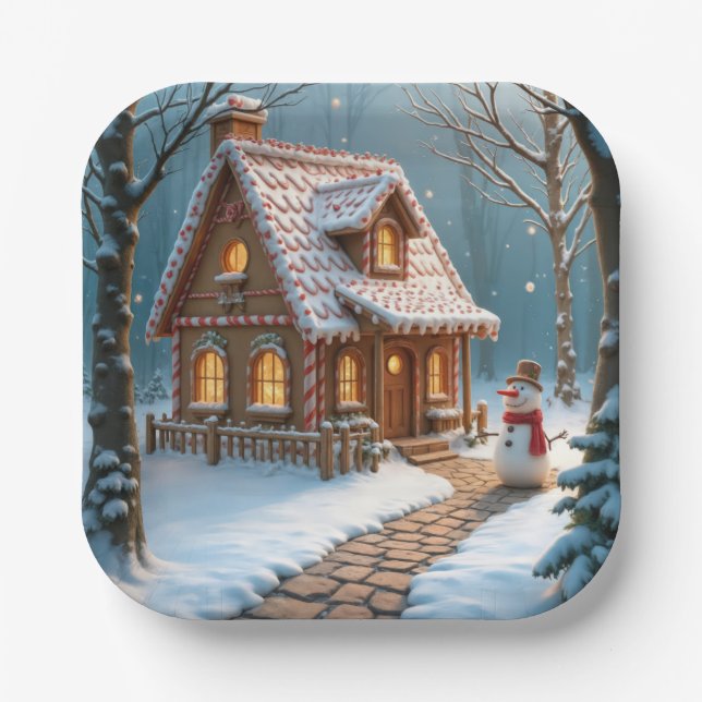 Christmas Gingerbread House With a Snowman  Paper Plate (Front)