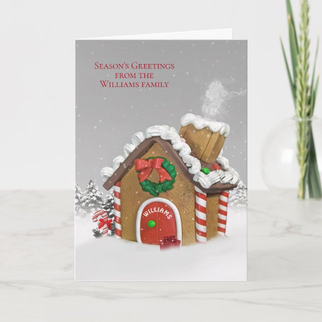 Christmas gingerbread house with family name holiday card (Front)