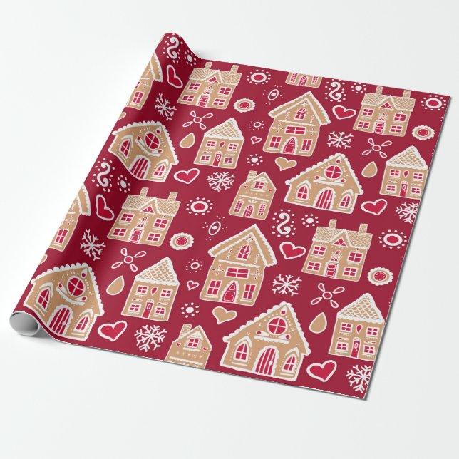 Christmas Gingerbread Houses on Red Wrapping Paper (Unrolled)