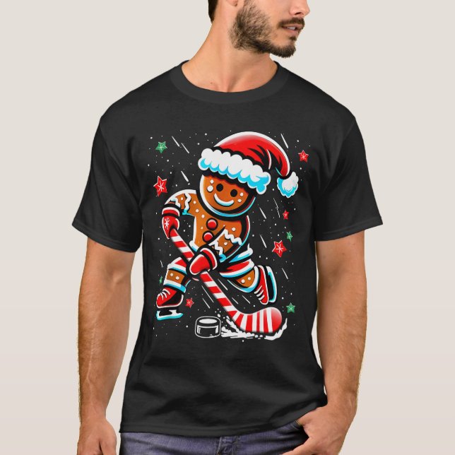 Christmas Gingerbread Ice Hockey Srts Funny Xmas P T-Shirt (Front)
