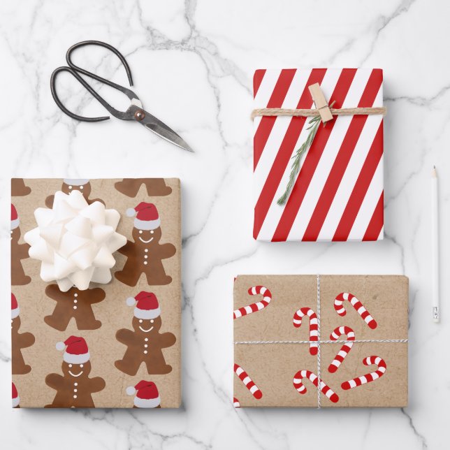 Christmas Gingerbread Man Cookies & Candy Stripes Wrapping Paper Sheet (Front)