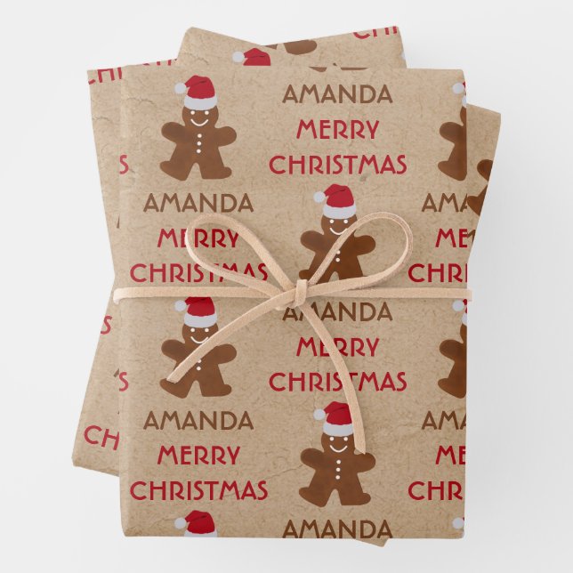 Christmas Gingerbread Man Cookies Custom Name Wrapping Paper Sheet (In situ)