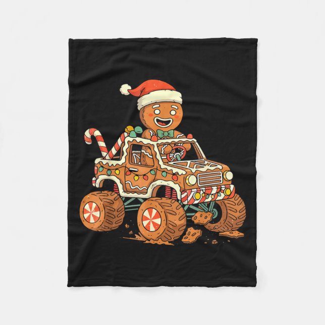 Christmas Gingerbread Man Driving Truck Xmas Light Fleece Blanket (Front)