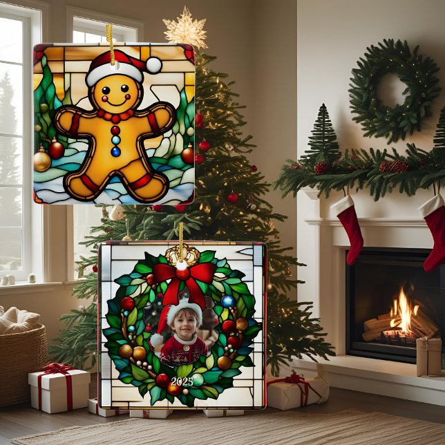 Christmas Gingerbread Man Faux Stained Glass Ceramic Ornament (Creator Uploaded)
