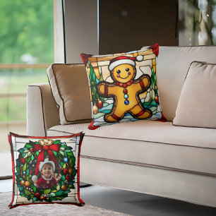 Christmas Gingerbread Man Faux Stained Glass Cushion