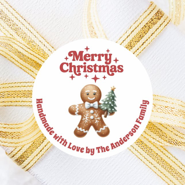 Christmas gingerbread man handmade red white classic round sticker (Creator Uploaded)
