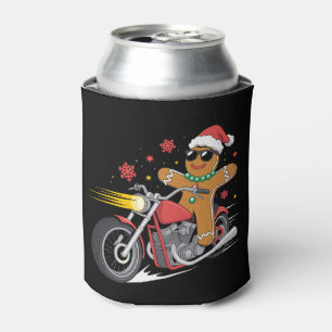 Christmas Gingerbread Man Motorcycle Biker Santa Can Cooler