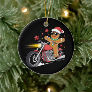 Christmas Gingerbread Man Motorcycle Biker Santa Ceramic Tree Decoration