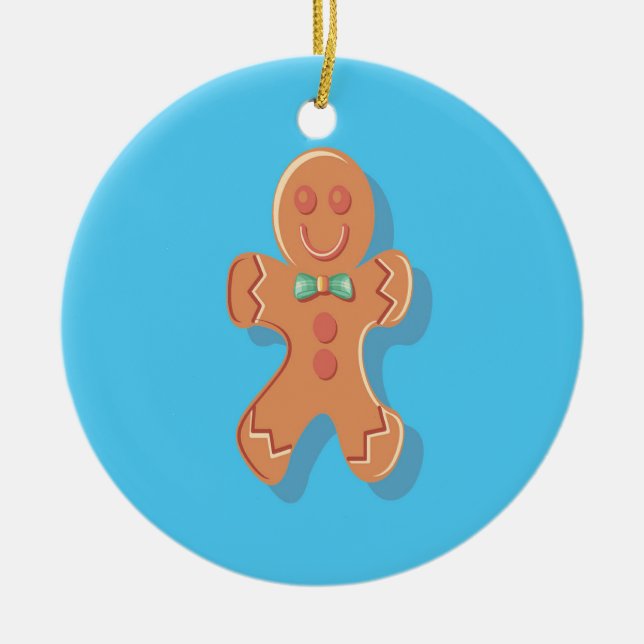 Christmas gingerbread man on blue ceramic tree decoration (Front)