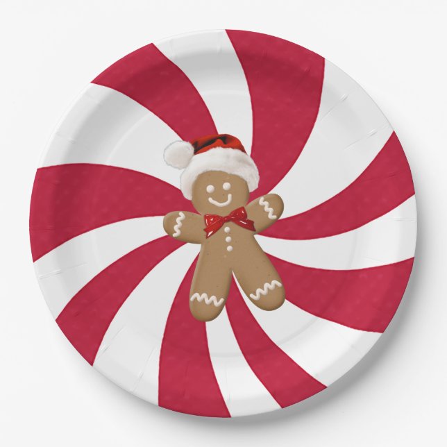 Christmas Gingerbread Man on Peppermint Paper Plate (Front)