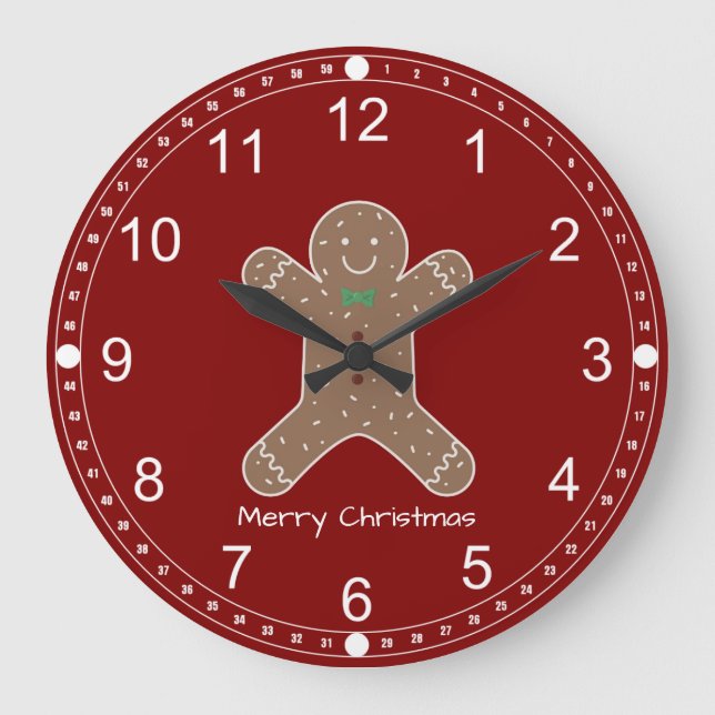 Christmas Gingerbread Man On Red Merry Christmas Large Clock (Front)