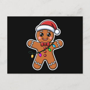 Christmas Gingerbread Man Santa Hat Lights Xmas Holiday Postcard