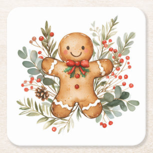 Christmas Gingerbread Man Square Paper Coaster