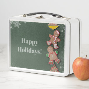 Christmas Gingerbread Men and Snowflakes Metal Lunch Box