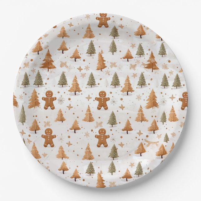 Christmas Gingerbread Men and Snowflakes Paper Plate (Front)