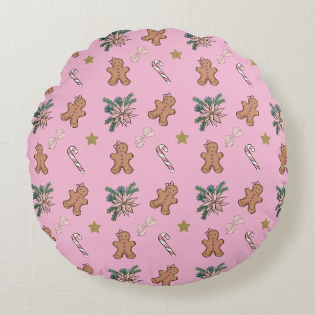 Christmas Gingerbread men, Bows and Candy canes Round Cushion (Front)