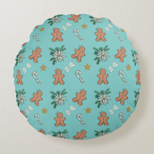 Christmas Gingerbread men, bows & candy canes Round Cushion