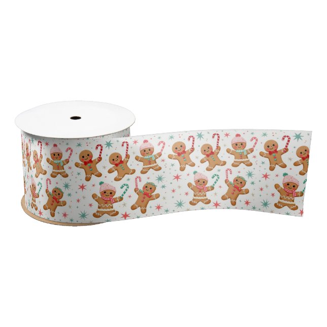 Christmas Gingerbread Men Holding Candy Canes Satin Ribbon (Spool)