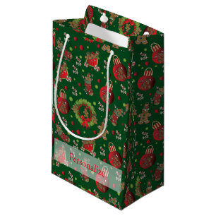 Christmas Gingerbread Men on Dark Green Background Small Gift Bag