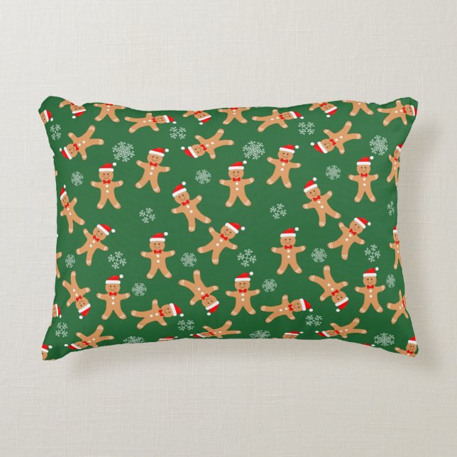 Christmas Gingerbread Men on Green  Decorative Cushion (Front)