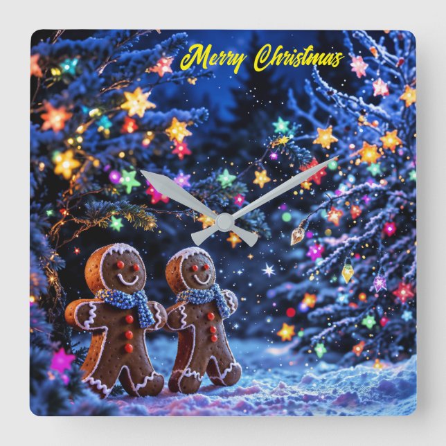 Christmas gingerbread men snow magic square wall clock (Front)