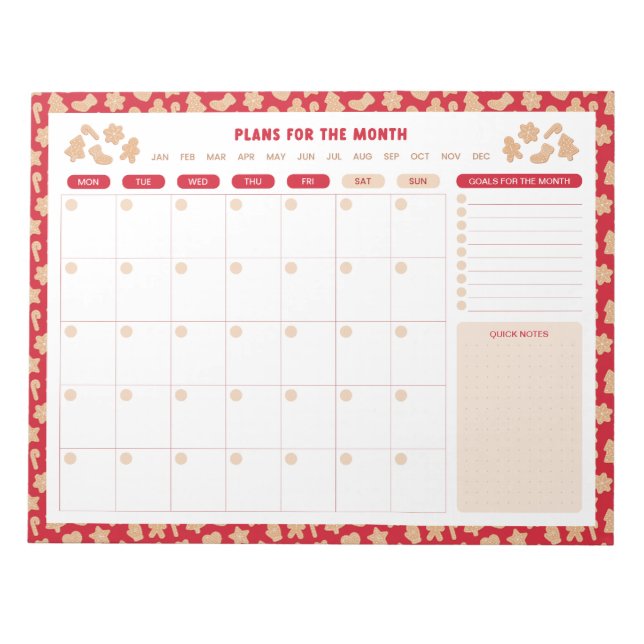 Christmas Gingerbread Monthly To Do List Planner Notepad (Front)