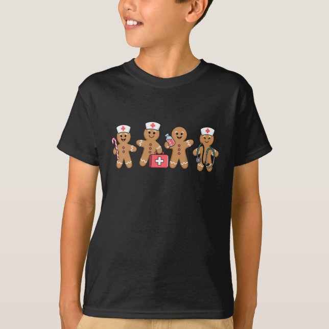 Christmas Gingerbread Nurse Team Crew Gifts T-Shirt (Front)