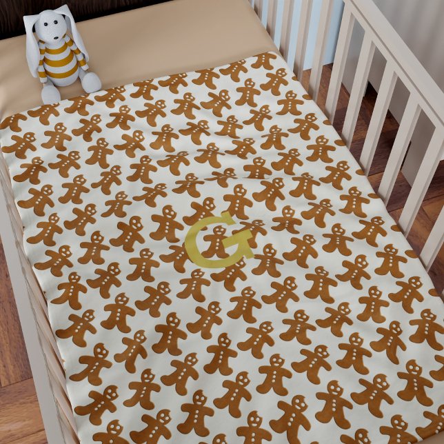 Christmas Gingerbread Pattern Kids Cute Holiday Fleece Blanket (A fun and festive gingerbread man pattern with space for your initial)