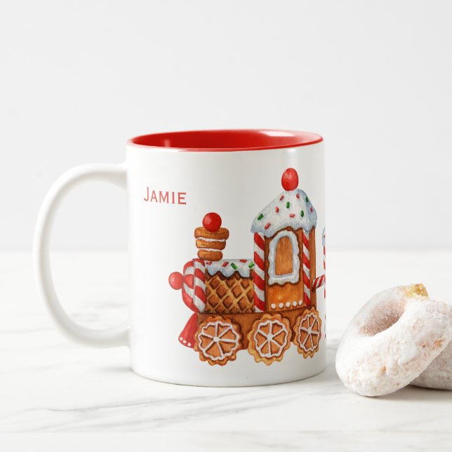 Christmas Gingerbread & Peppermint Train  Two-Tone Coffee Mug (With Donut)