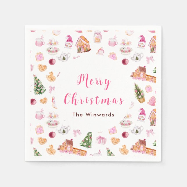 Christmas Gingerbread Pink Merry Christmas Napkin (Front)