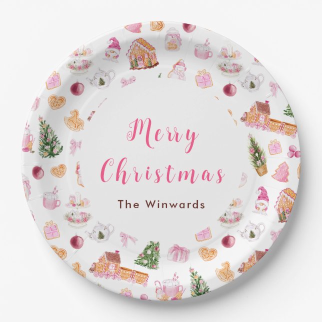 Christmas Gingerbread Pink Merry Christmas Paper Plate (Front)