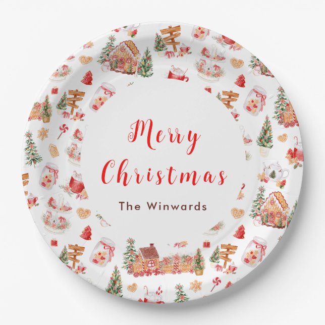 Christmas Gingerbread Red Merry Christmas Paper Plate (Front)