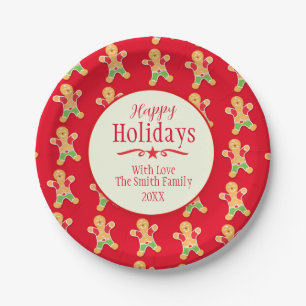 Christmas gingerbread red name holiday paper plate