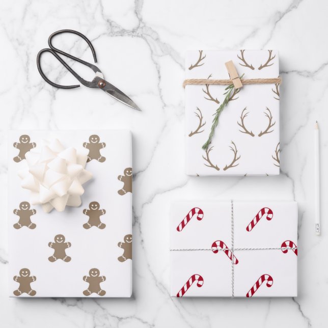 Christmas Gingerbread Reindeer Red Candy Canes Wrapping Paper Sheet (Front)