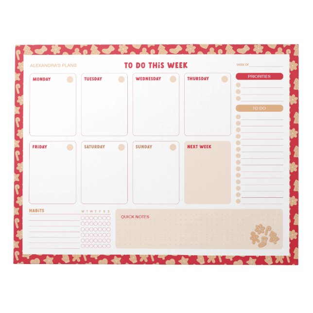 Christmas Gingerbread Weekly To Do List Planner Notepad (Front)